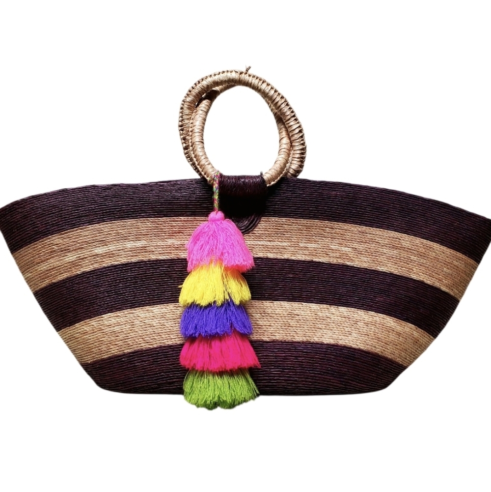 Summer Beach Vacation Bag, Large Brown, Tan Stripes wVibrant Tassel